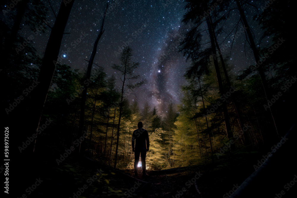 Fototapeta premium man looks at the starry sky in the forest generative ai