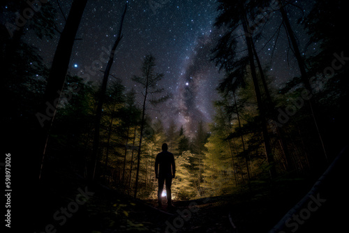 man looks at the starry sky in the forest generative ai