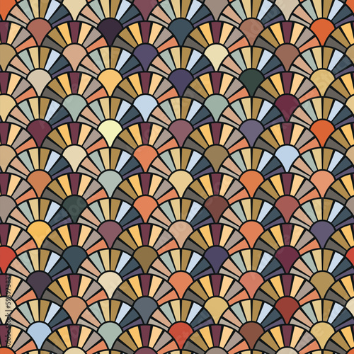 Seamless geometric pattern with repeating wavy elements made of square tiles in the colors white, brown, and gray. Cobblestone style multicolored mosaic. Great as a texture or background. © Alessio