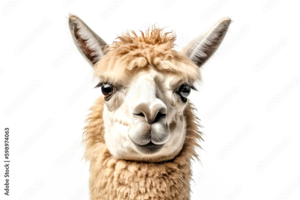 Portrait of an alpaca looking at the camera on a white background. Generative AI.