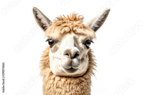 Portrait of an alpaca looking at the camera on a white background. Generative AI. © Nataliia