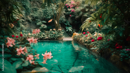 turquoise pool in the courtyard with flowers generative ai