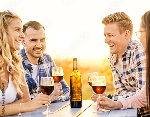 Young friends having fun outdoors - Happy people enjoying harvest time together at farmhouse winery countryside - Youth and friendship concept - Tasting red wine at vineyard before sunset