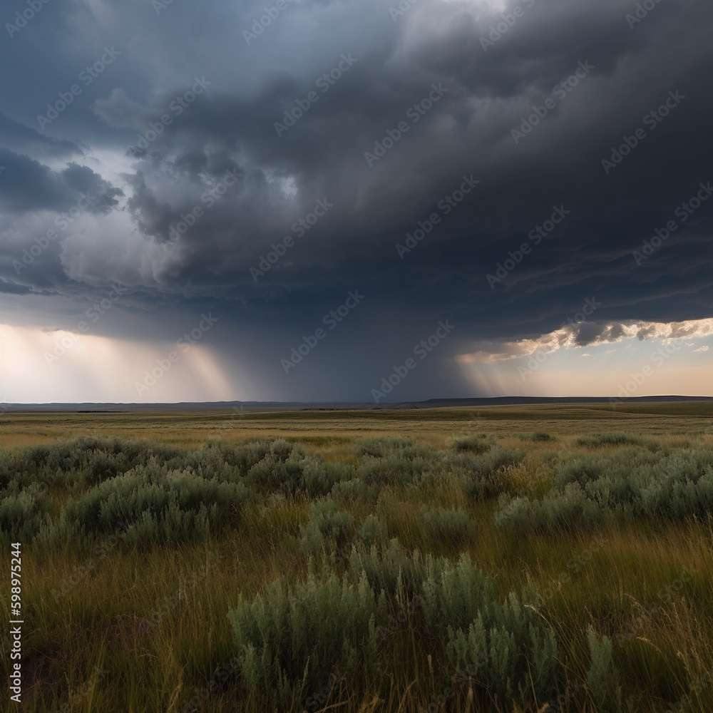 A Dramatic Thunderstorm over a Wide Open Prairie, generative AI