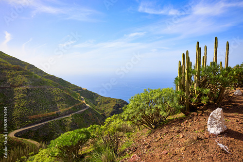 View from the scenic route Sendero Arena Blanca, Artenara, Gran Canaria. Nature and landscape with mountains of volcanic formation along the route of Sendero Arena Blanca up to the Mirador de Tirma.