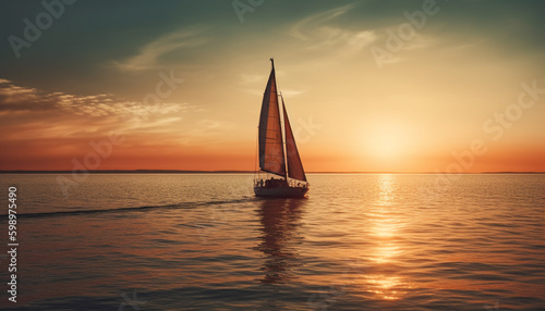 Sailboat silhouette glides on tranquil horizon over water generated by AI © Jeronimo Ramos