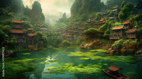 Natural Wonders: Guilin, Li River and Karst Mountains Landscape by Generative AI