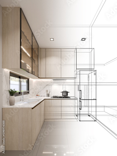 abstract sketch design of kitchen room ,3d rendering