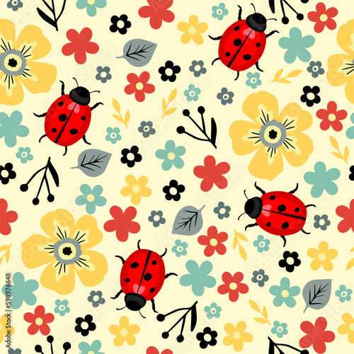 Seamless pattern with different cute flowers and ladybugs