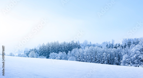 Verschneite Winterlandschaft mit schneebedeckten Tannenbäumen bei Sonnenlicht...