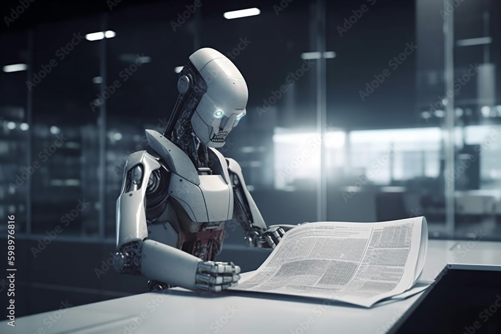 artificial robot document paper technology laptop digital office ai hand. Generative AI. Generative AI