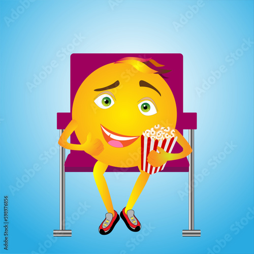 Smiley with popcorn in sneakers in the cinema on a chair.