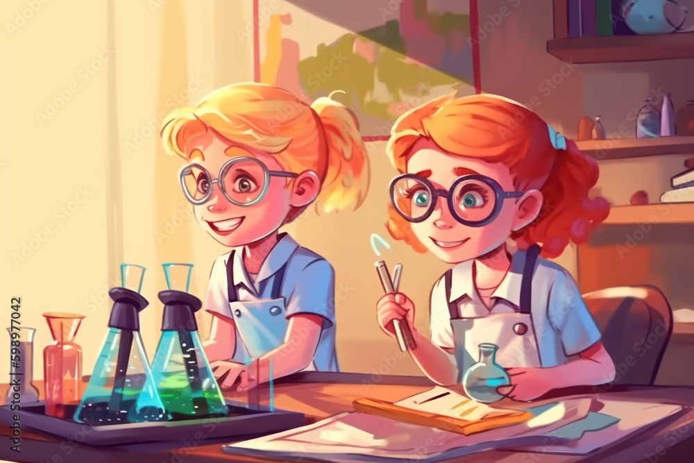 Portrait of young couple scientist doing experiment in chemistry lab. Generative Ai. Portrait of young couple scientist doing experiment in chemistry lab. Generative Ai.