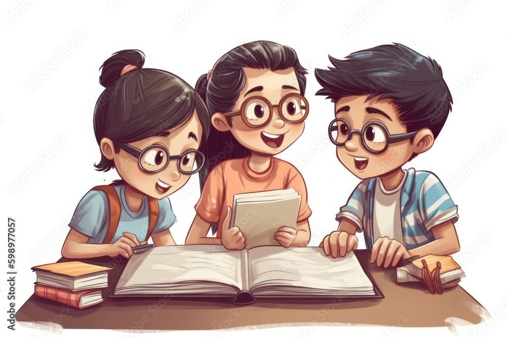 A group of children in a classroom sitting at a table and engaged in reading and various activities. Generative Ai. A group of children in a classroom sitting at a table and engaged in reading and various activities. Generative Ai.