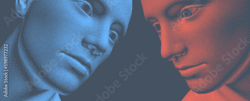 Two opponents facing each other. Conflict. People talk face to face. The concept of rivalry. Abstract digital human head made from dots. 3d vector illustration for banner, poster, cover or brochure.