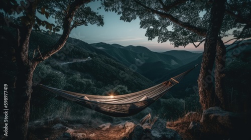 Tranquil Retreat: Finding Calm and Relaxation in a Hammock in Nature by Generative AI © jambulart