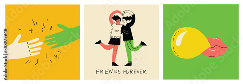 Best friends cocept illustration. Vector illustration of multicultural girls and multicultural friendship. Happy friendship day. Teenage girl friends hugging and having fun.