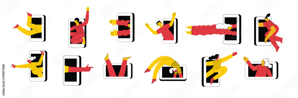 Technology of customers retention. Social media marketing and Dependence on the phone and the Internet. Illustration of the people fallen into a smartphone. Vector
