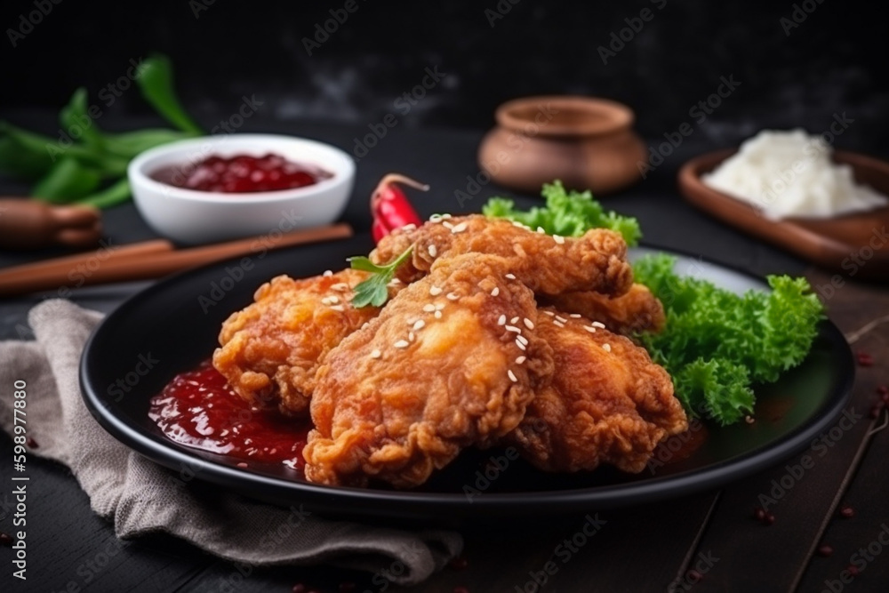 Swicy food or Korean food spicy dishes. Fried chicken with sweet or spicy swicy. Generated Ai Swicy food or Korean food spicy dishes. Fried chicken with sweet or spicy swicy. Generated Ai