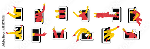 Technology of customers retention. Social media marketing and Dependence on the phone and the Internet. Illustration of the people fallen into a smartphone. Vector