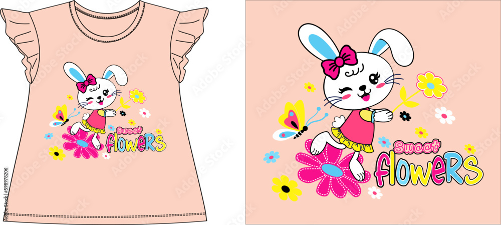 SWEET FLOWERS AND RABBIT t-shirt graphic design vector illustration
