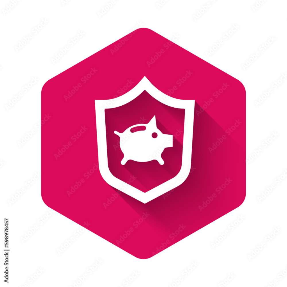 White Piggy bank with shield icon isolated with long shadow. Saving or accumulation of money, investment. Insurance concept. Pink hexagon button. Vector. White Piggy bank with shield icon isolated with long shadow. Saving or accumulation of money, investment. Insurance concept. Pink hexagon button. Vector.
