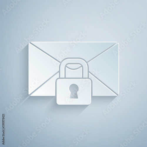 Paper cut Mail message lock password icon isolated on grey background. Envelope with padlock. Private, security, secure, protection, privacy. Paper art style. Vector