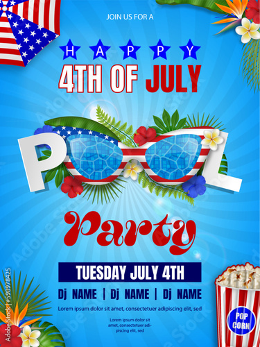 4th of july pool party poster. american independence background with sunglasses and inflatables