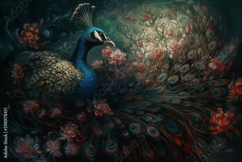 "Nature's Majestic Display: Peacock with a Blossoming Floral Background"generative ai © Muhammadusama