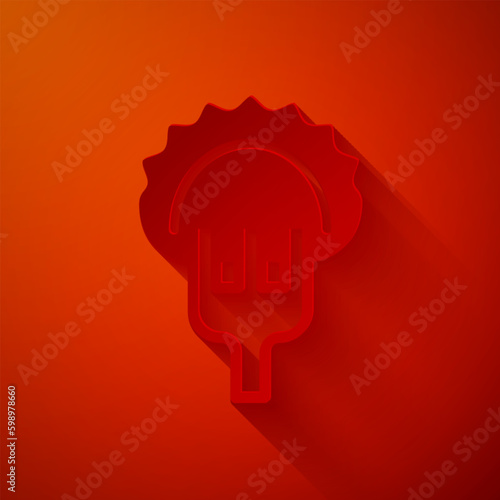 Paper cut Dumplings on fork icon isolated on red background. Pierogi, varenyky, pelmeni, ravioli. Traditional Ukrainian food. Paper art style. Vector