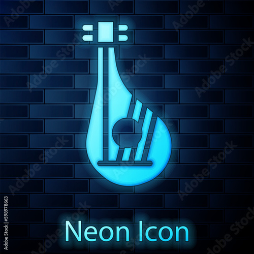 Glowing neon Ukrainian traditional musical instrument bandura icon isolated on brick wall background. Vector