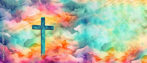 A vibrant watercolor painting of a cross soaring above the clouds in a graffiti-like style. Perfect for religious themes. Generative AI © Gelpi