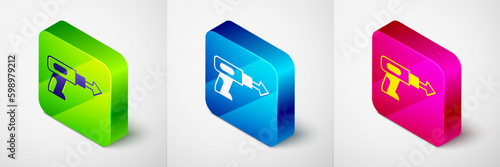 Isometric Fishing harpoon icon isolated on grey background. Fishery manufacturers for catching fish under water. Diving underwater equipment. Square button. Vector