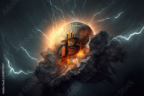 Abstract Bitcoin image glows from lightning strike. Strengthening and growth of cryptocurrency. Generative AI
