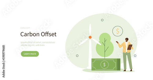 Emissions offset. Character showing benefits of renewable energy and carbon offsetting on environment. Carbon footprint reducing concept. Vector illustration.
