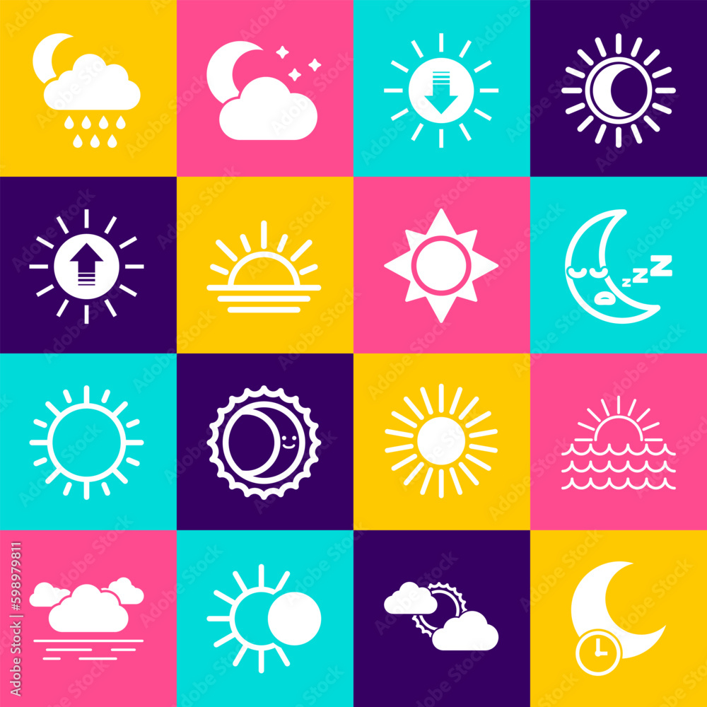 Set Sleeping moon, Sunset, Moon icon, Cloud with rain and and icon. Vector