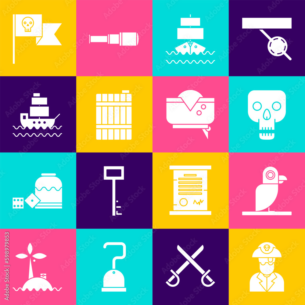Set Pirate captain, parrot, Skull, Ship, Wooden barrel, flag with skull and hat icon. Vector Set Pirate captain, parrot, Skull, Ship, Wooden barrel, flag with skull and hat icon. Vector