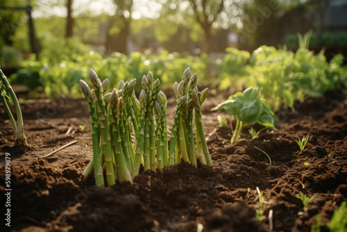 Young green asparagus growing up from the ground in the garden  Generative ai
