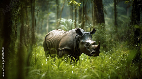 Beautiful One Horned Rhinoceros. Close up photo. Amazing portrait of an awesome rhino. Generative AI photo