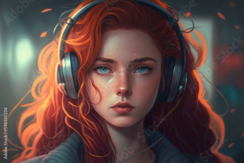 Beautiful young teenage red hair girl with headphones, listening lofi music. Lofi style. Anime. Generative AI.  photo
