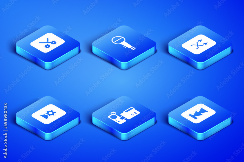 Set Rewind button, Music or video editing, Cinema camera, settings, Microphone and Arrow shuffle icon. Vector Set Rewind button, Music or video editing, Cinema camera, settings, Microphone and Arrow shuffle icon. Vector
