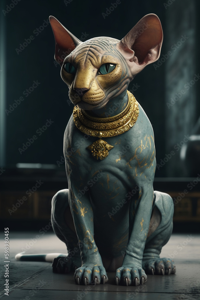 Sitting sphinx cat with big detailed yellow eyes, long whiskers, with a lot of vintage tattoos on its body. Piercing in its It sitting on marble green table. Generative AI
