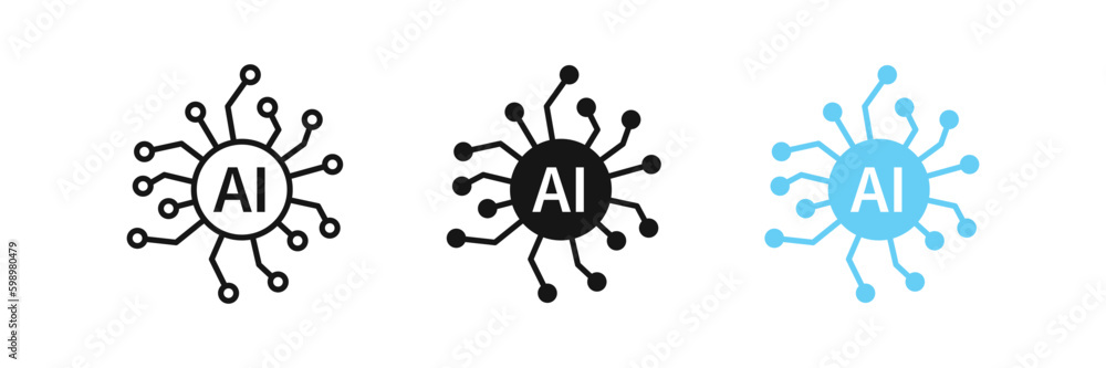 AI chip icon. Artificial intelligence symbol. Computer technology signs. Smart robot symbols. Digital intellect icons. Black, blue color. Vector sign. AI chip icon. Artificial intelligence symbol. Computer technology signs. Smart robot symbols. Digital intellect icons. Black, blue color. Vector sign.
