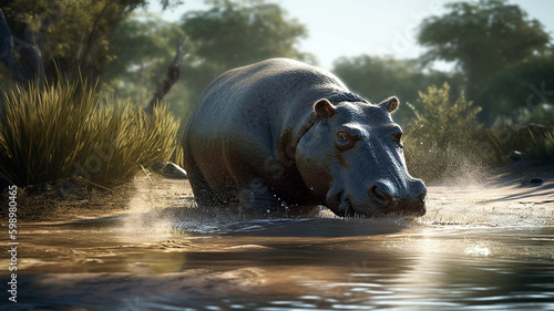 Common hippopotamus or hippo (Hippopotamus amphibius) showing aggression. Generative AI