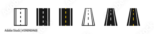 Road icon. Highway symbol. Asphalt street signs. Way symbols. Path icons. Black, flat color. Vector sign.