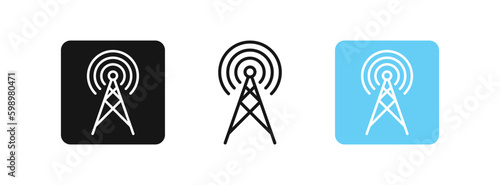 Antenna icon. Communication tower symbol. Wireless internet signs. Network transmission symbols. Mobile transmitter icons. Black, blue color. Vector sign.