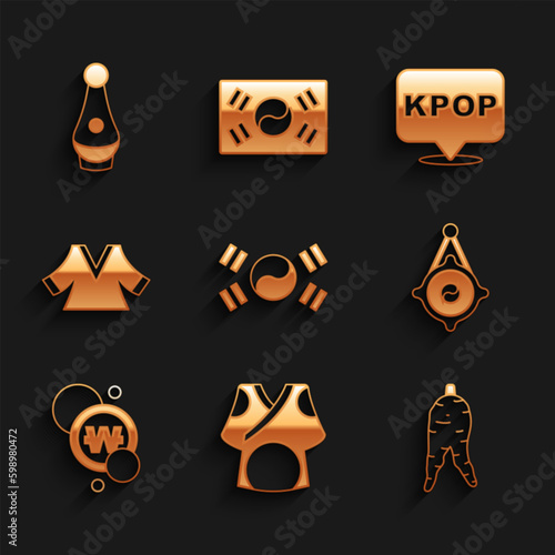 Set South Korea flag, Kimono, Ginseng root, Korean lantern, won coin, K-pop and Soju bottle icon. Vector