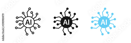 AI chip icon. Artificial intelligence symbol. Computer technology signs. Smart robot symbols. Digital intellect icons. Black, blue color. Vector sign.