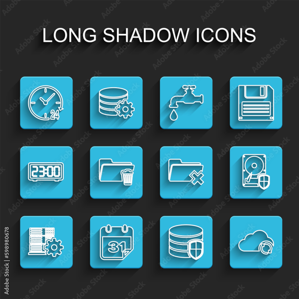 Set line Server setting, Calendar, Clock 24 hours, Database protection, Cloud sync refresh, Delete folder, Hard disk drive HDD and icon. Vector Set line Server setting, Calendar, Clock 24 hours, Database protection, Cloud sync refresh, Delete folder, Hard disk drive HDD and icon. Vector