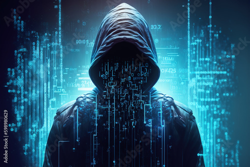 Abstract image of unrecognizable hacker cyber criminal in hood with dark space and matrix instead of face isolated on blue digital background. Security system cyber attack. Generative AI
